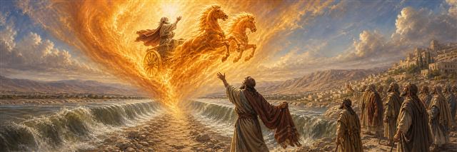 Elijah rising in a fiery whirlwind as Elisha holds his fallen mantle beside the Jordan